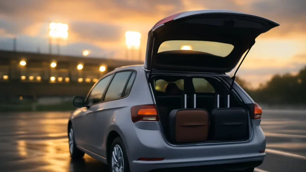 Coche con maletas en el maletero frente a estadio iluminado al atardecer