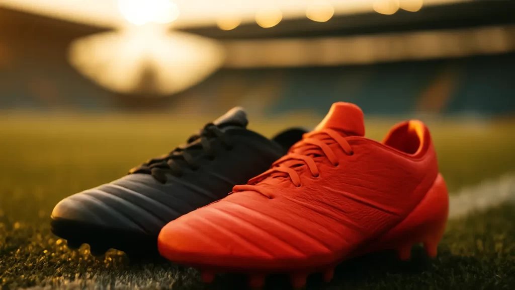 Dos botas de fútbol distintas sobre césped húmedo, estadio vacío desenfocado