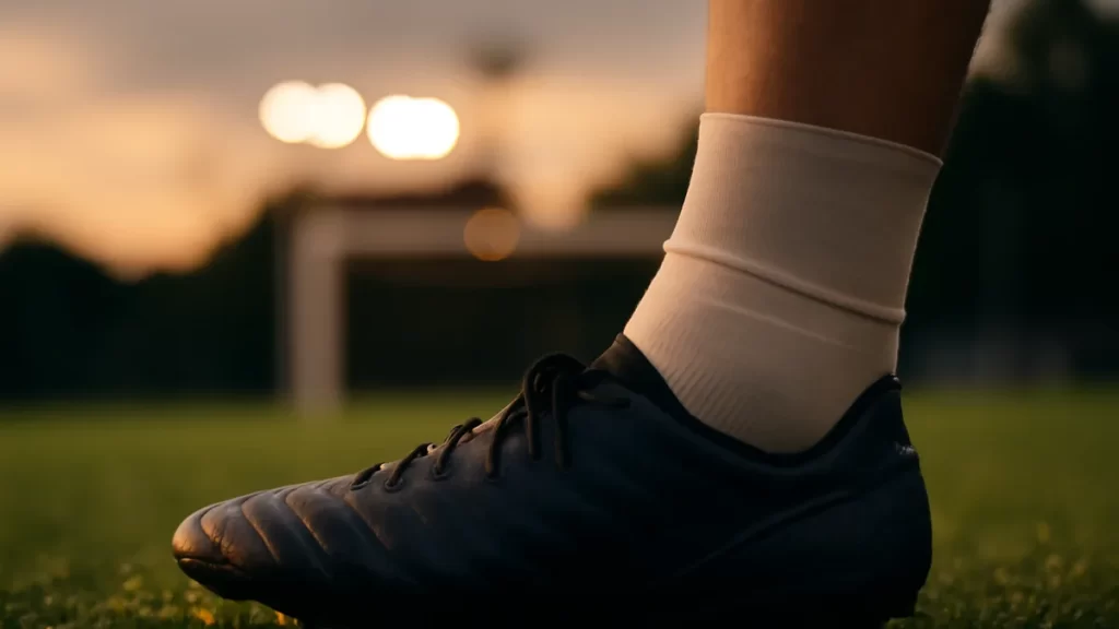 Bota de fútbol en césped húmedo, tobillo vendado y tobillera.