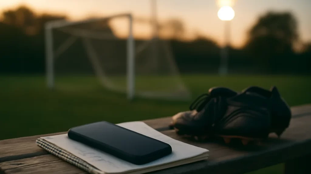 Teléfono y botas sobre un banquillo junto a un campo vacío al atardecer
