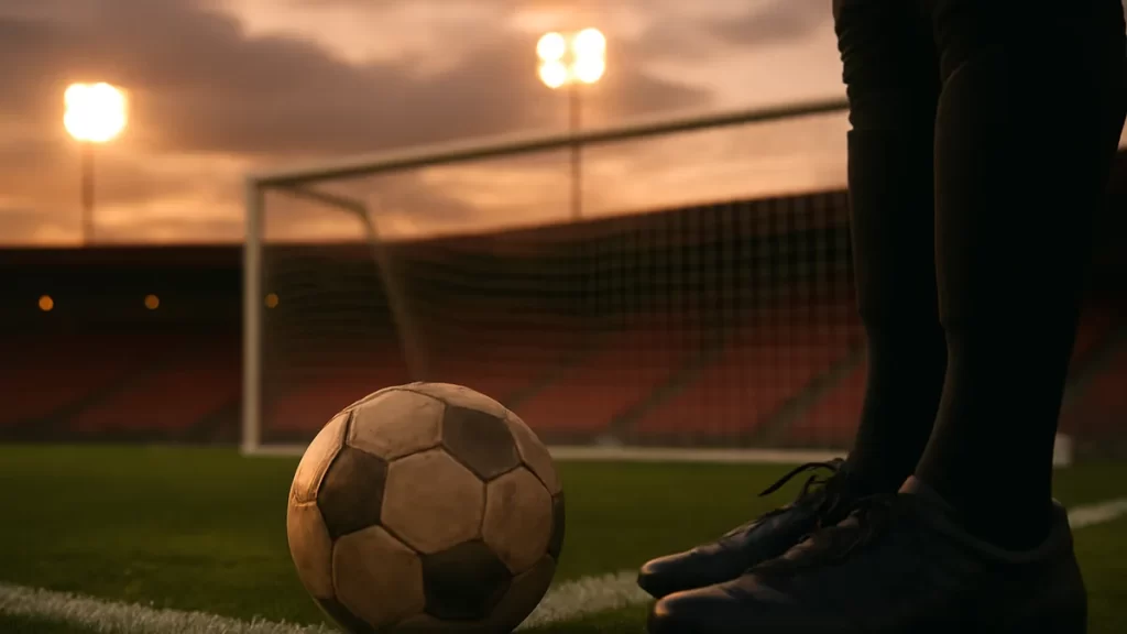 Botas junto a balón en área; portería y gradas vacías al atardecer
