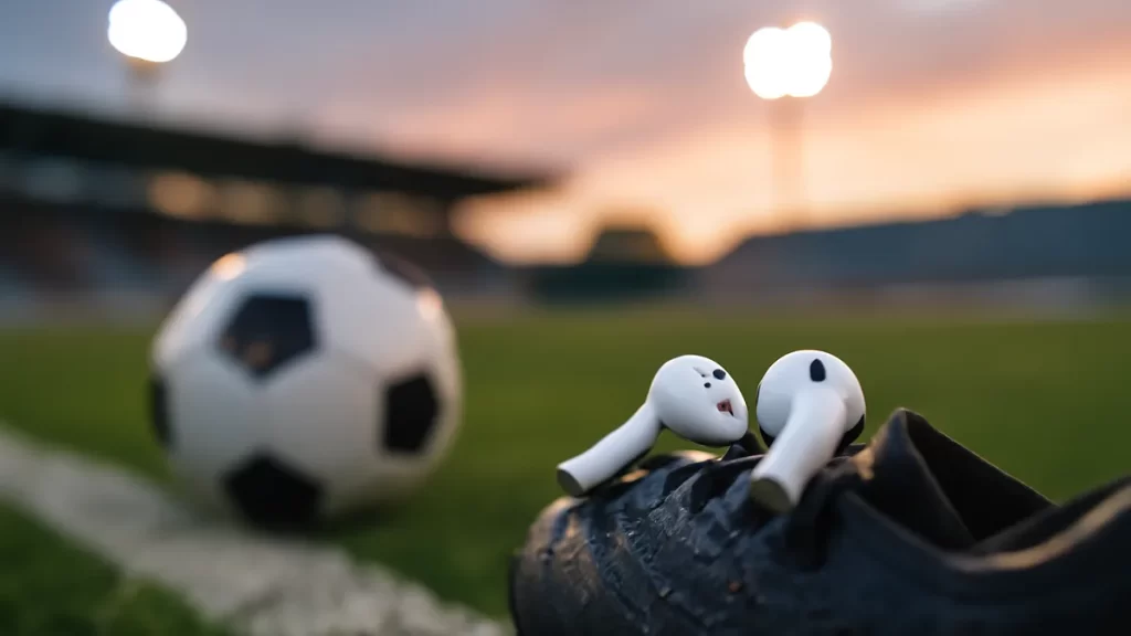 Auriculares sobre bota de fútbol húmeda junto al césped al atardecer