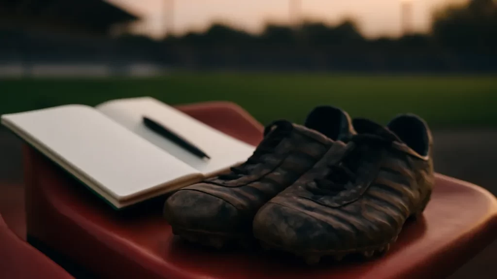 Cuaderno y botas en asiento de grada, césped iluminado al fondo