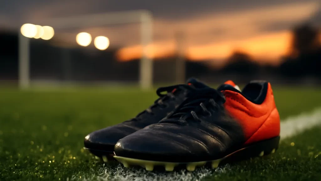 Botas de fútbol junto a la banda húmeda y arcos desenfocados