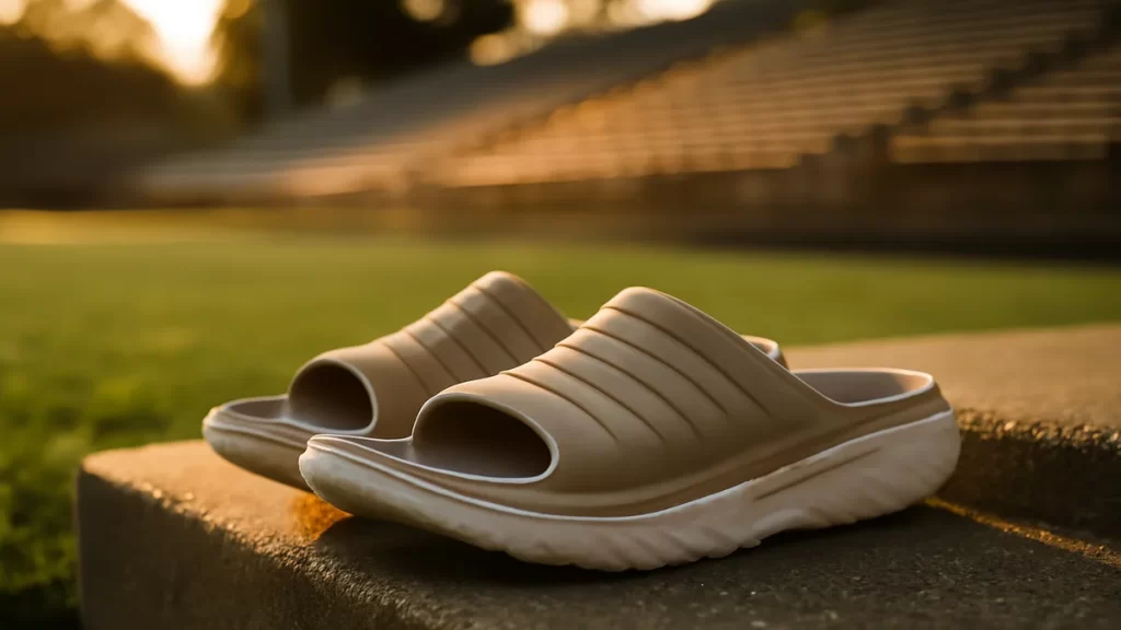 Zapatillas de recuperación en escalón de estadio al atardecer, gradas difuminadas