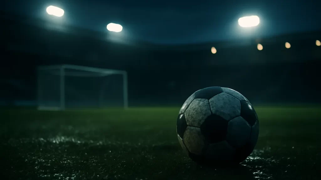 Balón mojado sobre césped brillante, porterías desenfocadas y tribunas vacías.