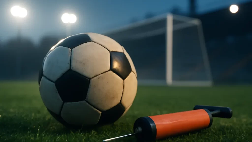 Balón junto a bomba y aguja sobre césped húmedo al amanecer.