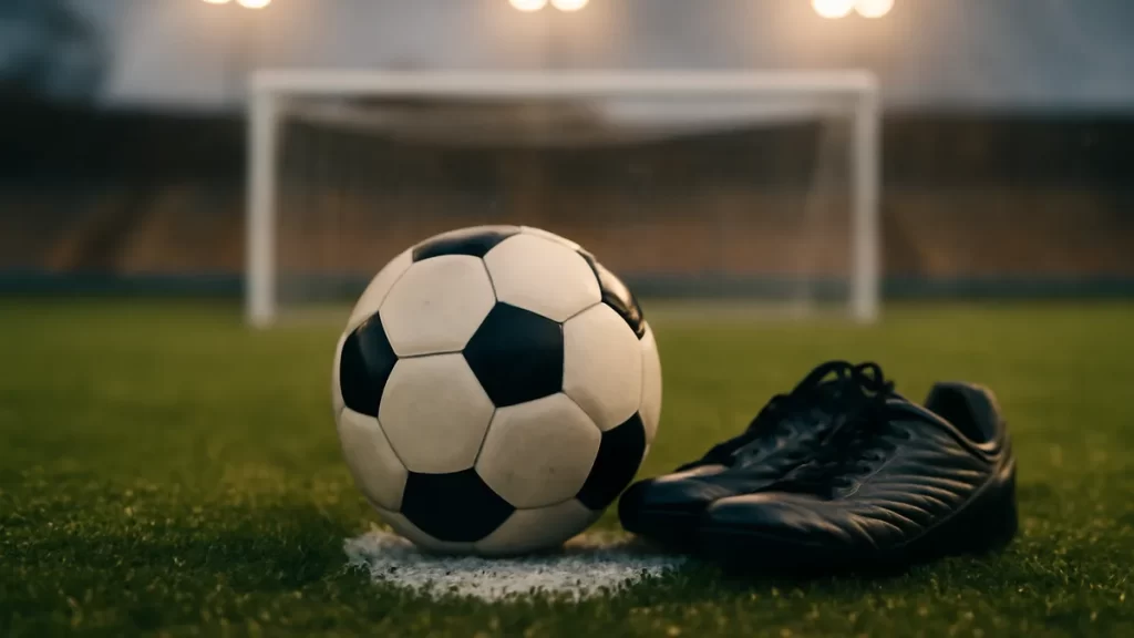 Balón en el punto de penalti, botas, red desenfocada y gradas vacías
