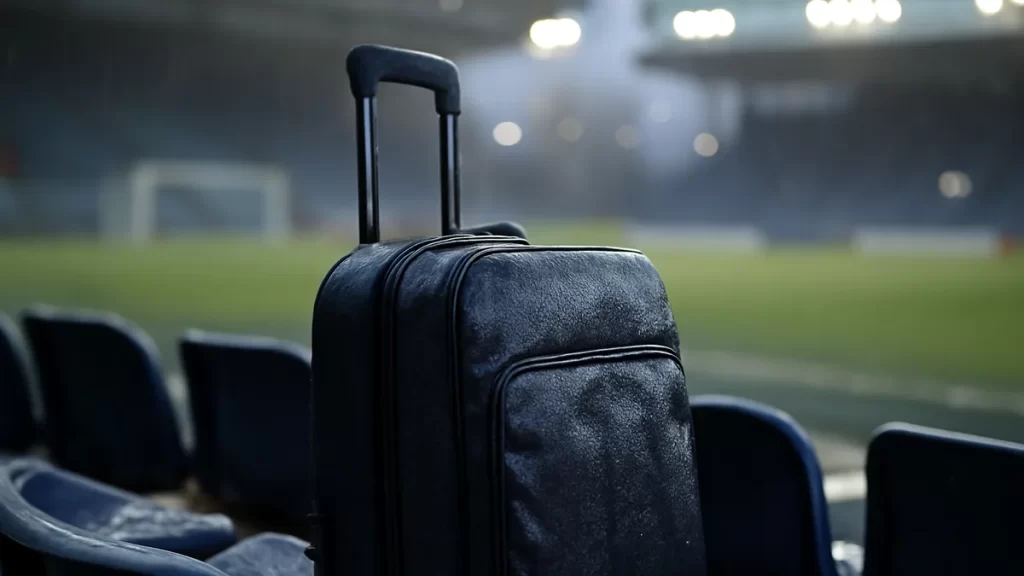 Maleta junto a butacas mojadas, césped y focos del estadio al fondo.