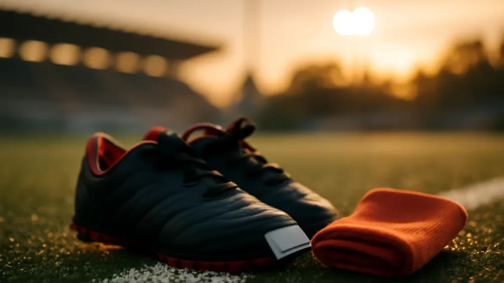 Botas infantiles y media sobre césped artificial húmedo al atardecer
