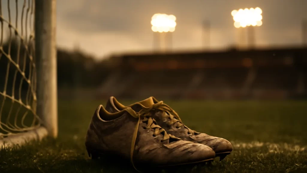 Botas de fútbol en césped húmedo junto a red y focos.
