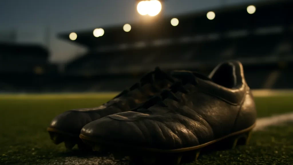 Botas de fútbol gastadas con tacos redondeados sobre césped, estadio vacío.