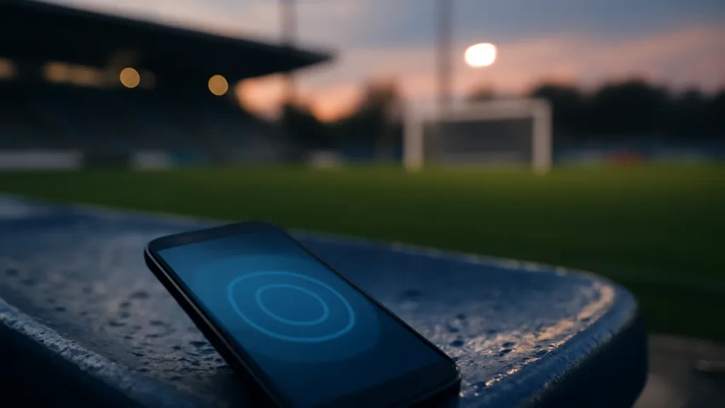 Unbranded smartphone on wet stadium seat, blurred pitch and floodlights at dusk