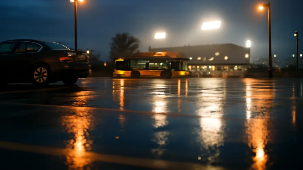 Wet stadium approach with parked car, idling bus, distant train platform