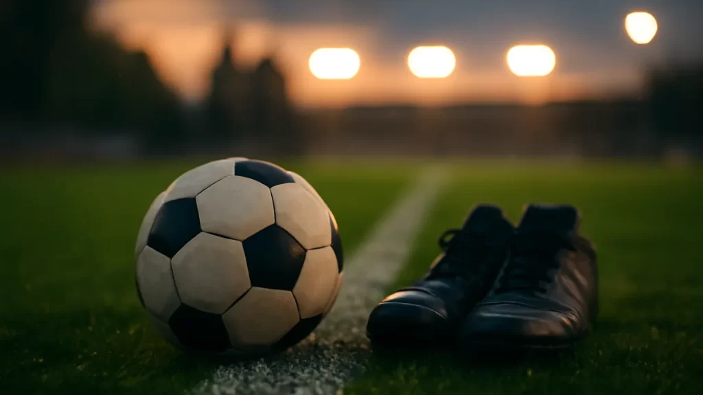 Balón y botas sobre césped húmedo al atardecer, gradas vacías.