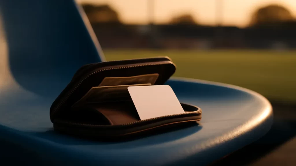 Monedero con billetes y tarjeta blanca sobre asiento de estadio vacío