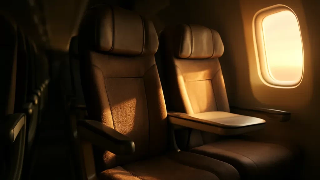 Cabina de avión vacía al atardecer, filas de asientos y pasillo central