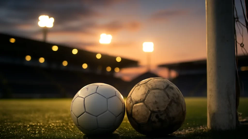 Dos balones sin marcas sobre césped mojado cerca de la portería.