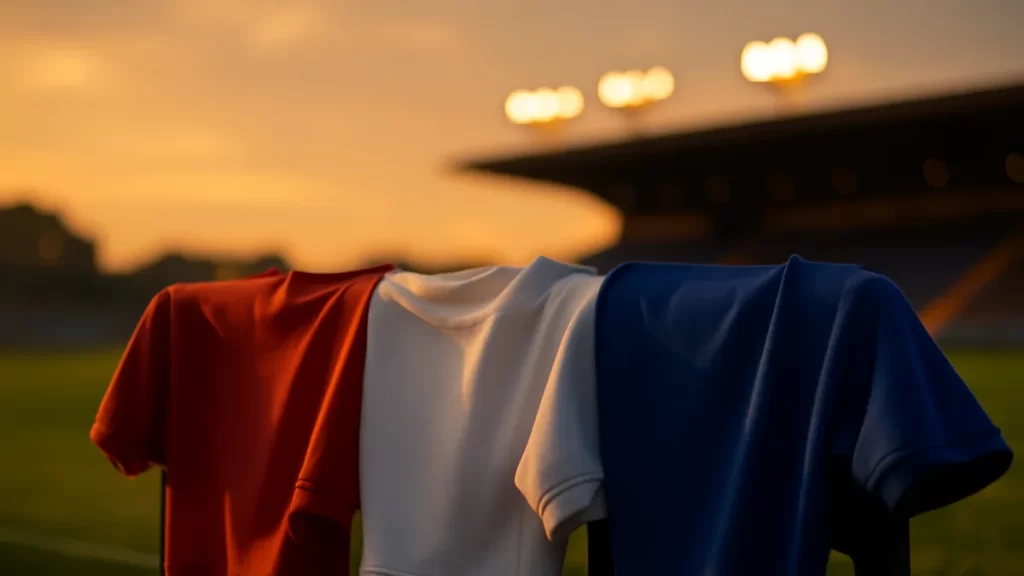 Tres camisetas colgadas sobre un banco junto al césped al atardecer.