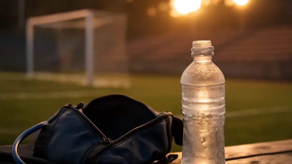 Mochila de hidratación y botella junto al banquillo, arco y gradas desenfocadas