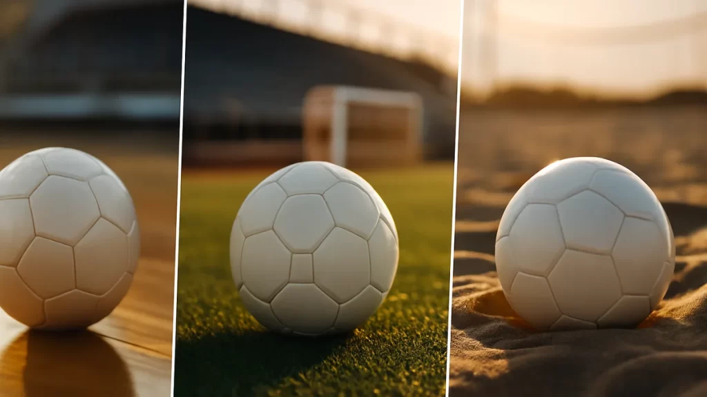 Tres balones sin marca sobre pista, césped sintético y arena.