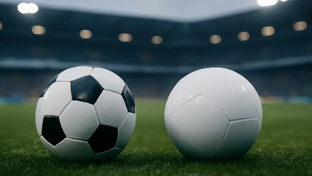 Dos balones sin marca sobre césped húmedo, gradas y focos difuminados.