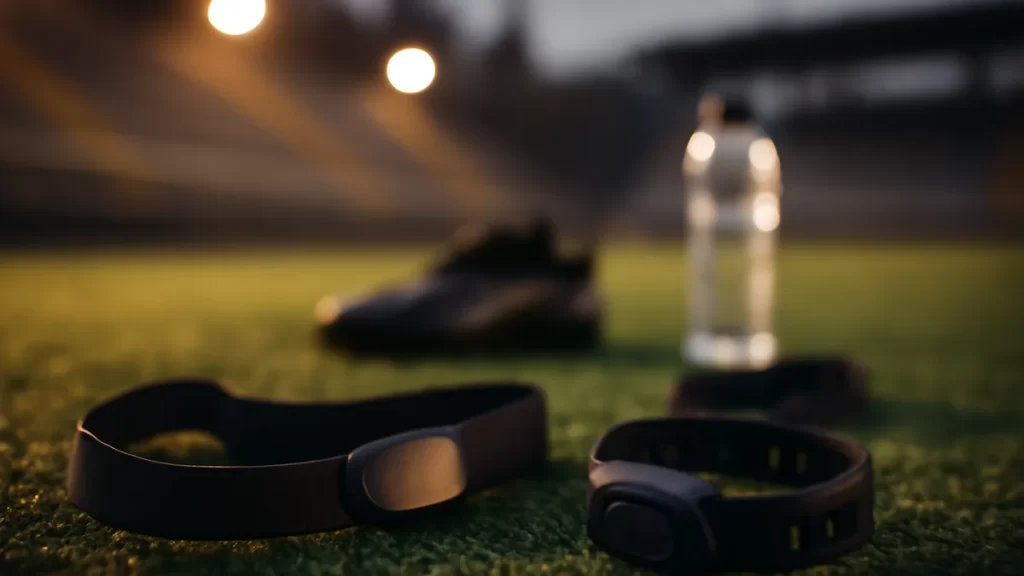 Cinta torácica y pulsera junto a botas y agua sobre césped artificial