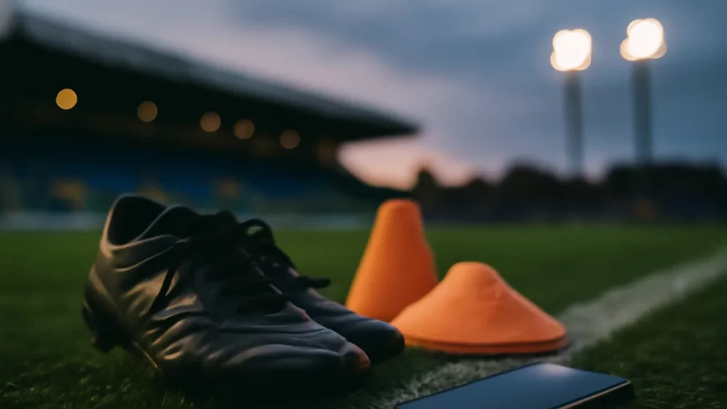 Botas, móvil boca abajo y conos en césped húmedo al atardecer