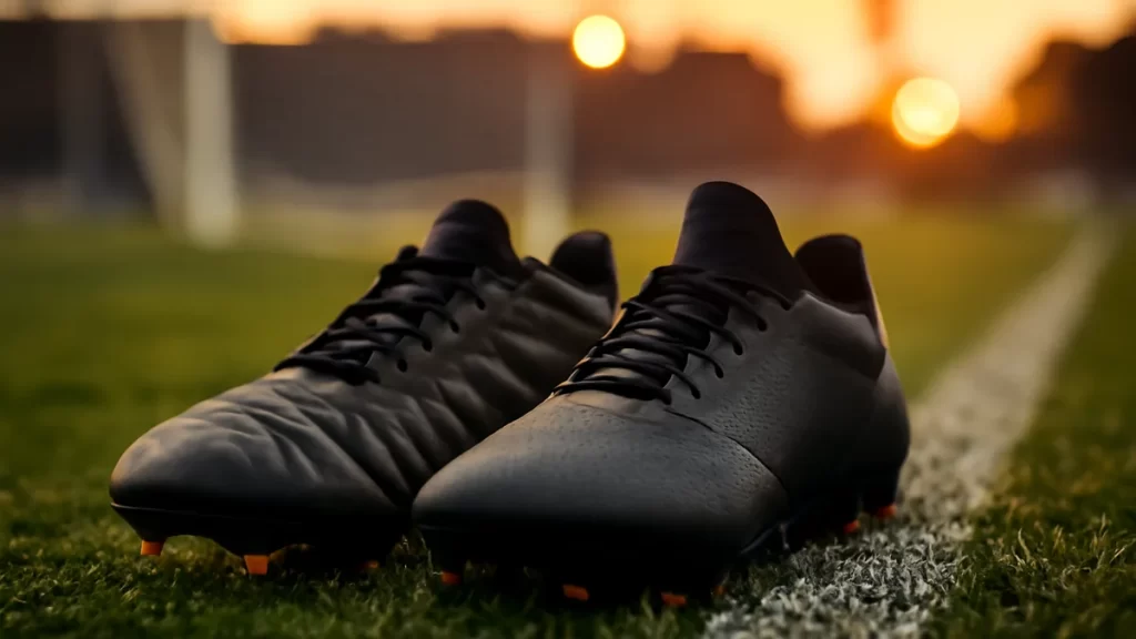 Dos botas de fútbol, cuero y sintético, reposan sobre césped húmedo