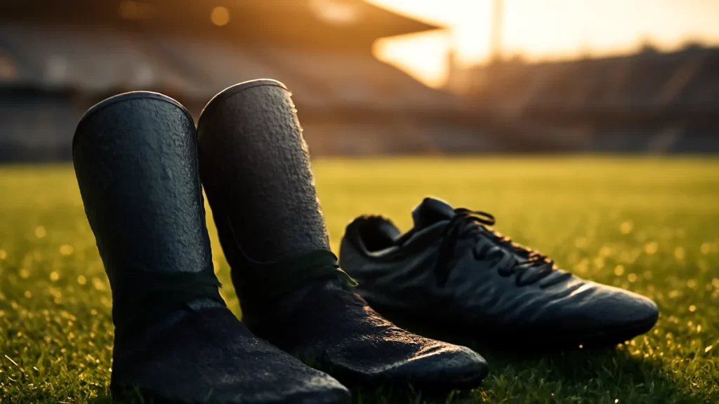Espinilleras y medias junto a tacos sobre césped húmedo al atardecer