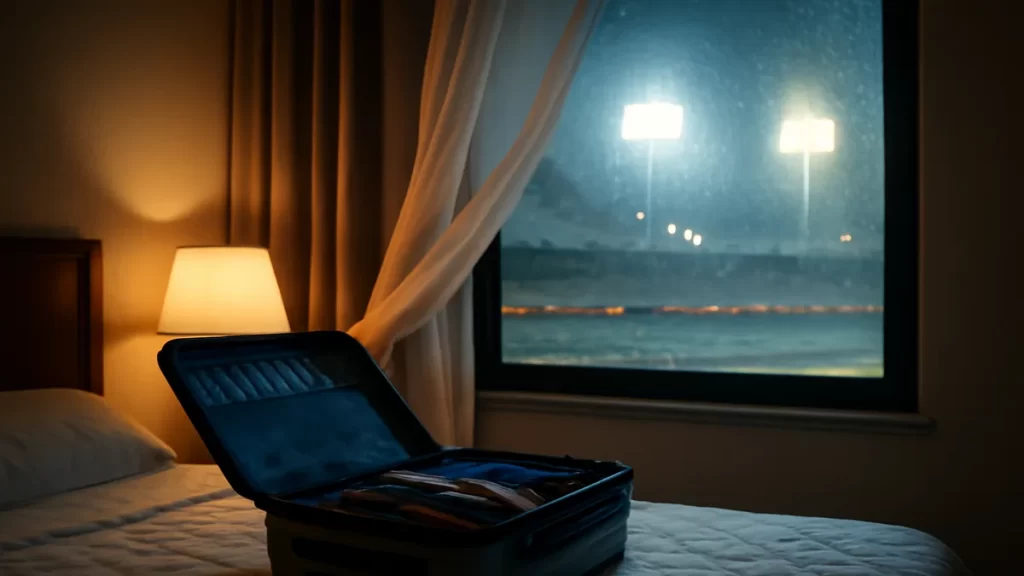 Maleta abierta en habitación, ventana con vista nocturna al estadio