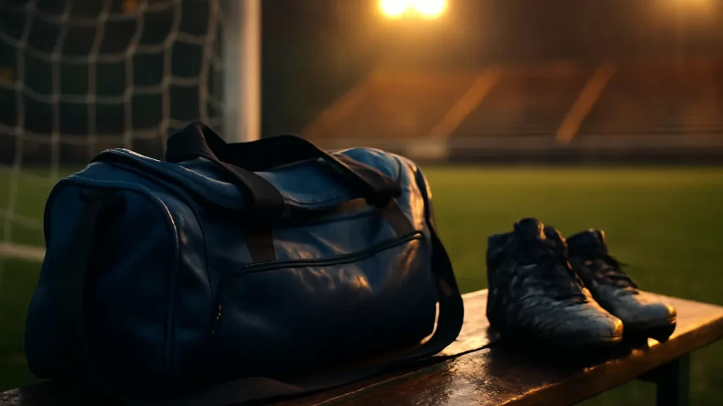 Bolsa de deporte abierta sobre banco mojado junto a botas
