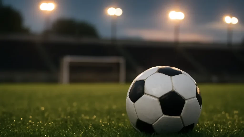 Pelota en césped mojado al atardecer, portería y tribunas desenfocadas
