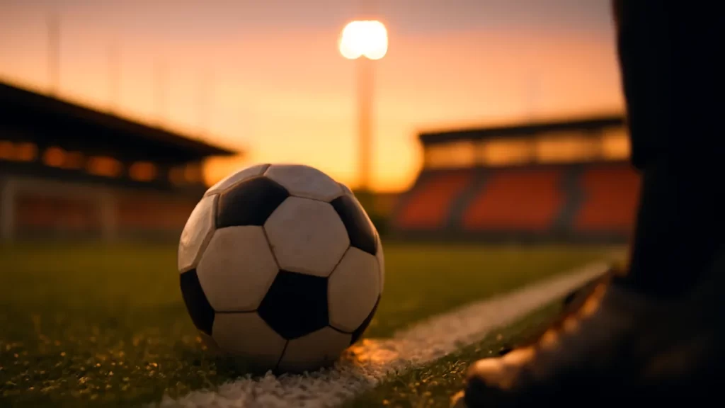 Balón húmedo en césped, botas desenfocadas y gradas vacías al fondo
