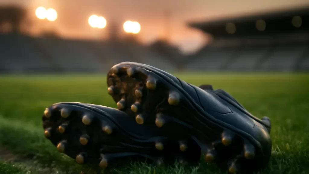 Botas de fútbol sin marca sobre césped húmedo, gradas y luces difuminadas
