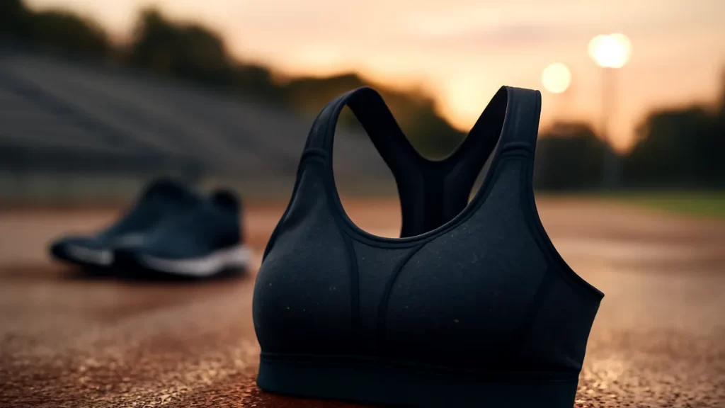 Sujetador deportivo sobre pista húmeda junto a zapatillas y gradas desenfocadas
