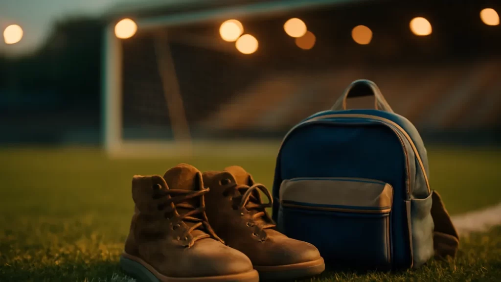 Botas infantiles y mochila en la banda de un campo vacío al atardecer