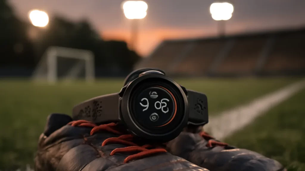 Reloj deportivo sobre botas en césped, fondo de porterías y gradas vacías.