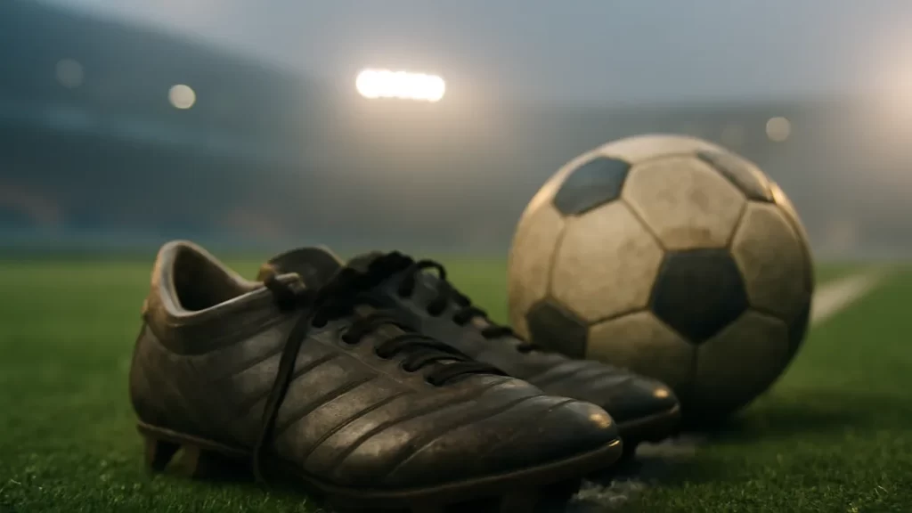Botas y balón en la banda de un estadio vacío al amanecer.
