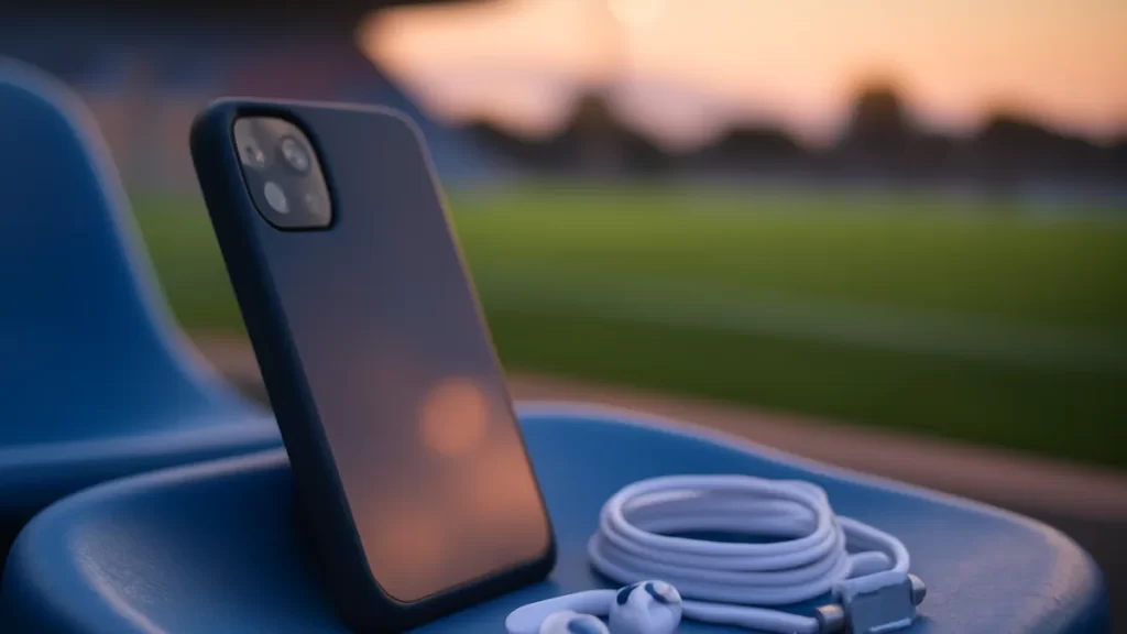 Smartphone sobre asiento vacío en estadio al atardecer, césped desenfocado