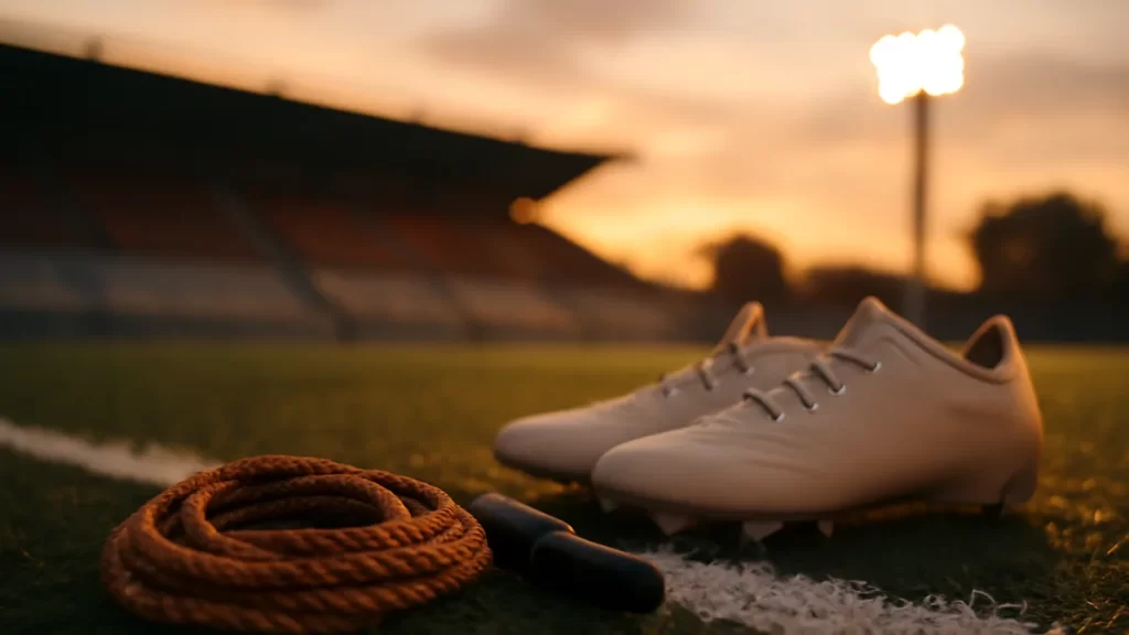 Cuerda de saltar en césped junto a botas de fútbol bajo focos al atardecer