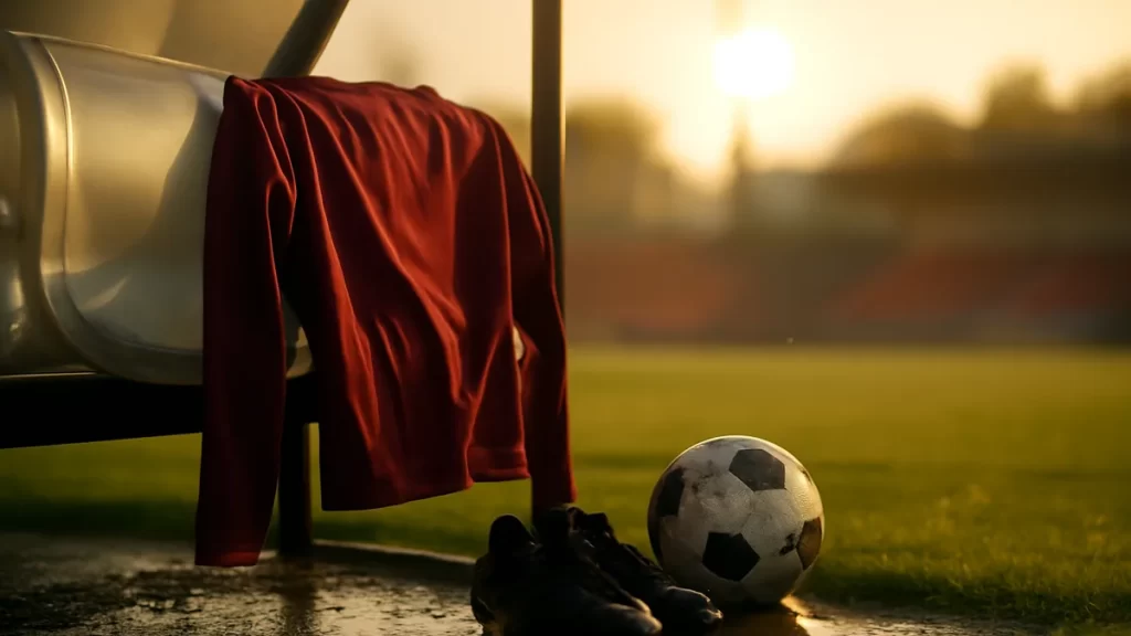 Training top en banco, botas, balón y gradas vacías al amanecer