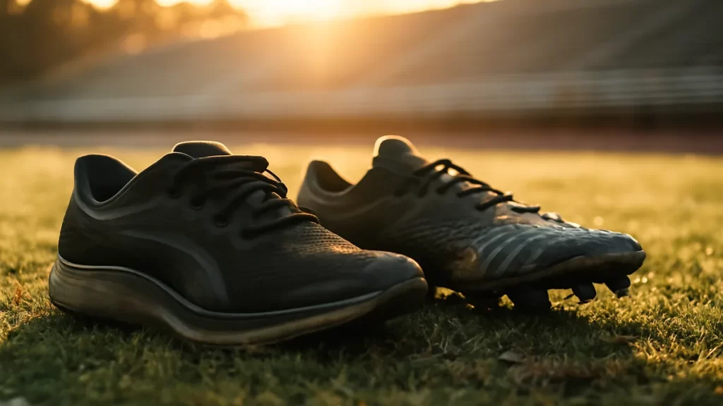 Zapatillas de running y tacos sobre césped húmedo al amanecer