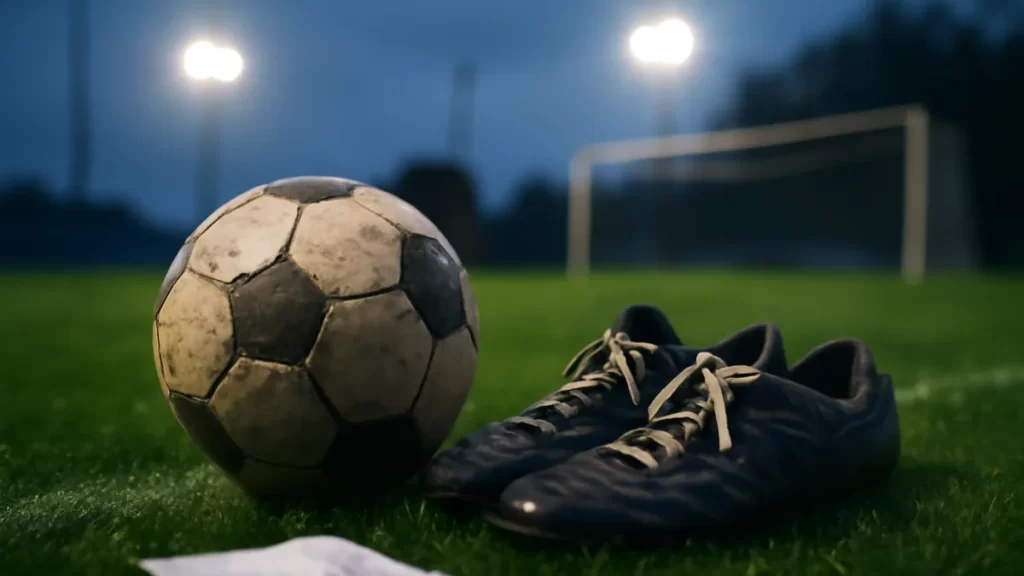 Balón gastado y botas junto a césped húmedo bajo focos del estadio.