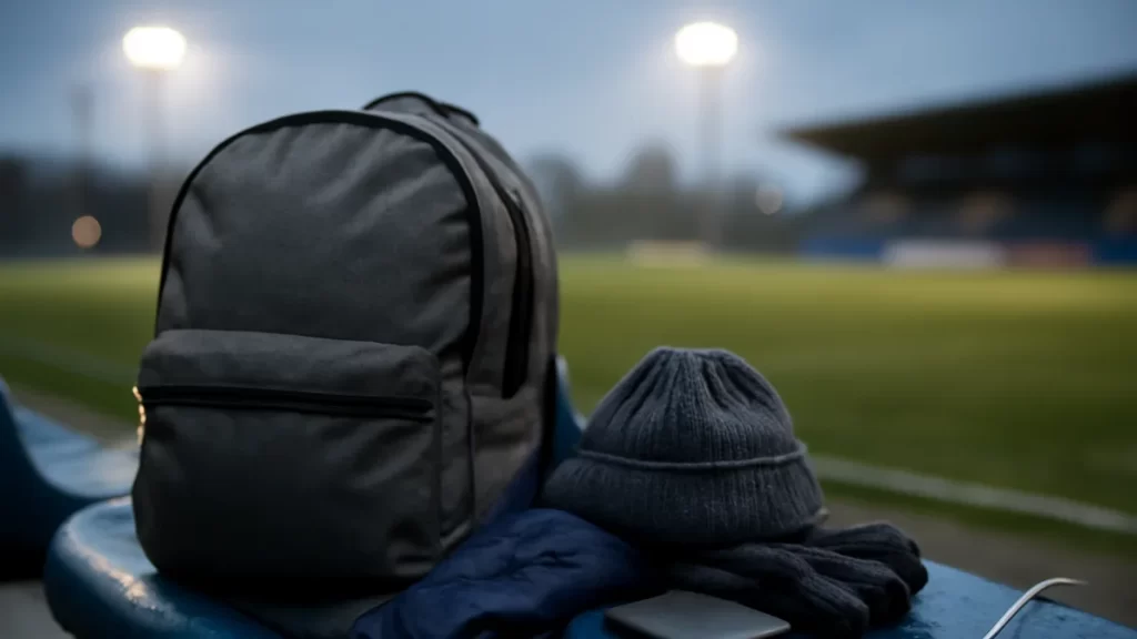 Backpack, waterproof jacket, hat, gloves and power bank on wet seat