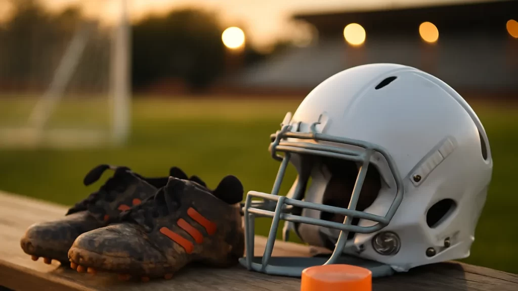 Botines infantiles gastados junto a casco juvenil nuevo sobre un banquillo