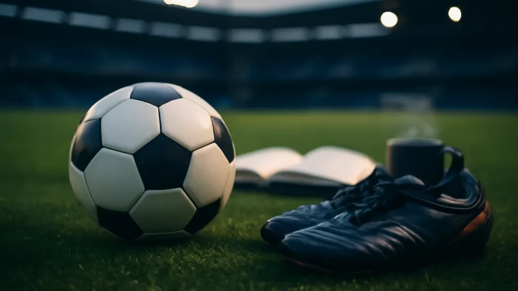 Balón y botas sobre césped húmedo en estadio al atardecer.
