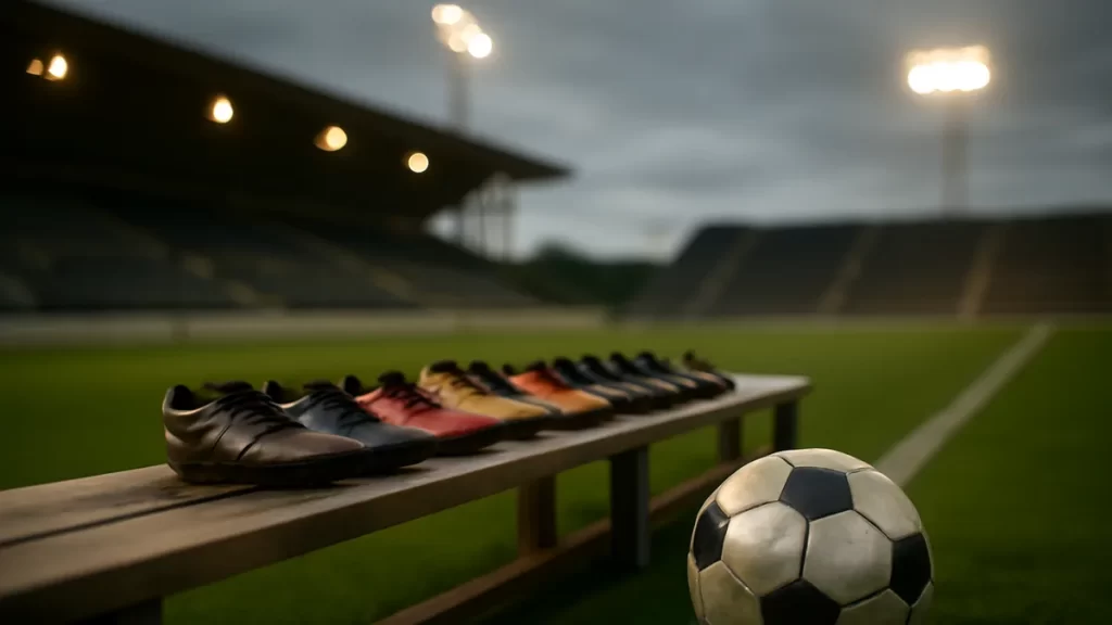 Fila ordenada de botas y balón junto a la banda, estadio vacío al atardecer.