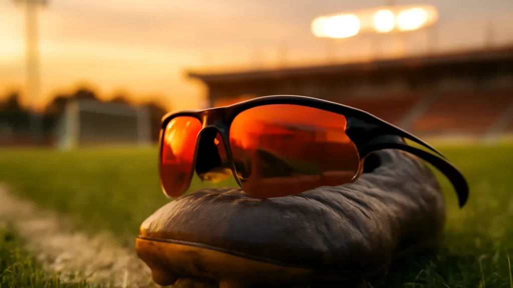 Gafas deportivas sobre un botín de fútbol junto al césped al atardecer