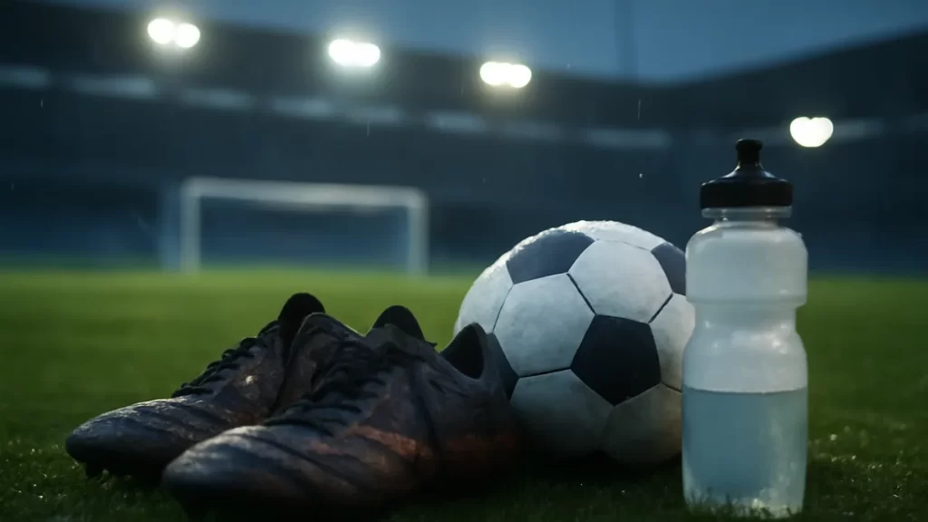 Botas mojadas junto a balón y bidón en césped nocturno